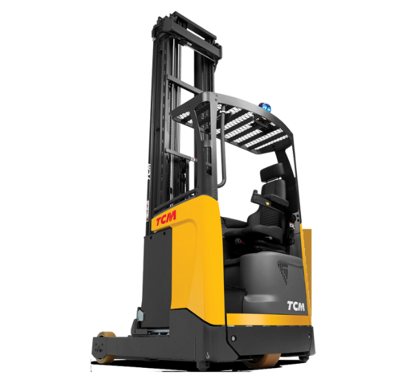 Reach truck in a racked aisle.