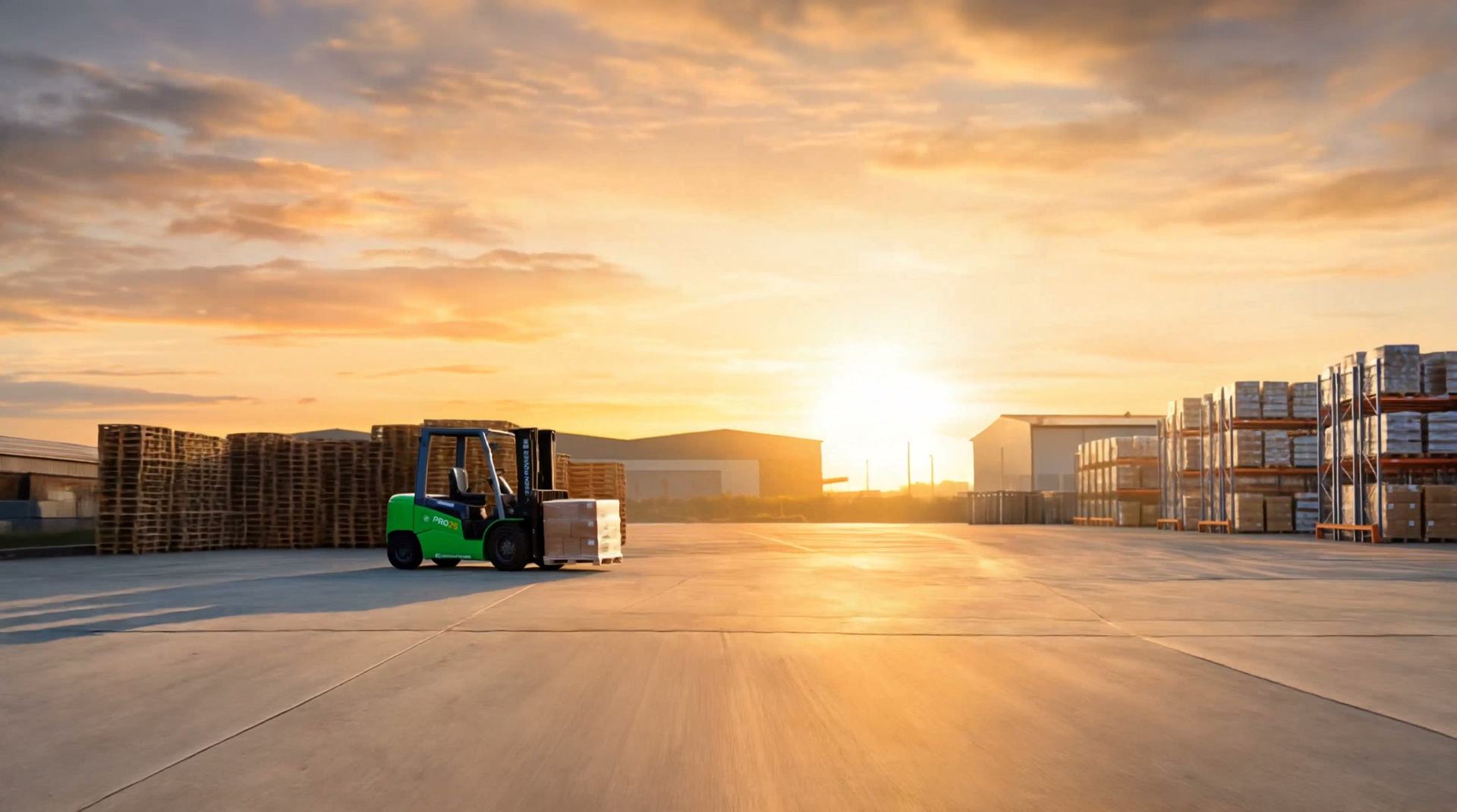 A green electric counterbalance forklift carrying a wrapped pallet across a distribution yard at sunset.